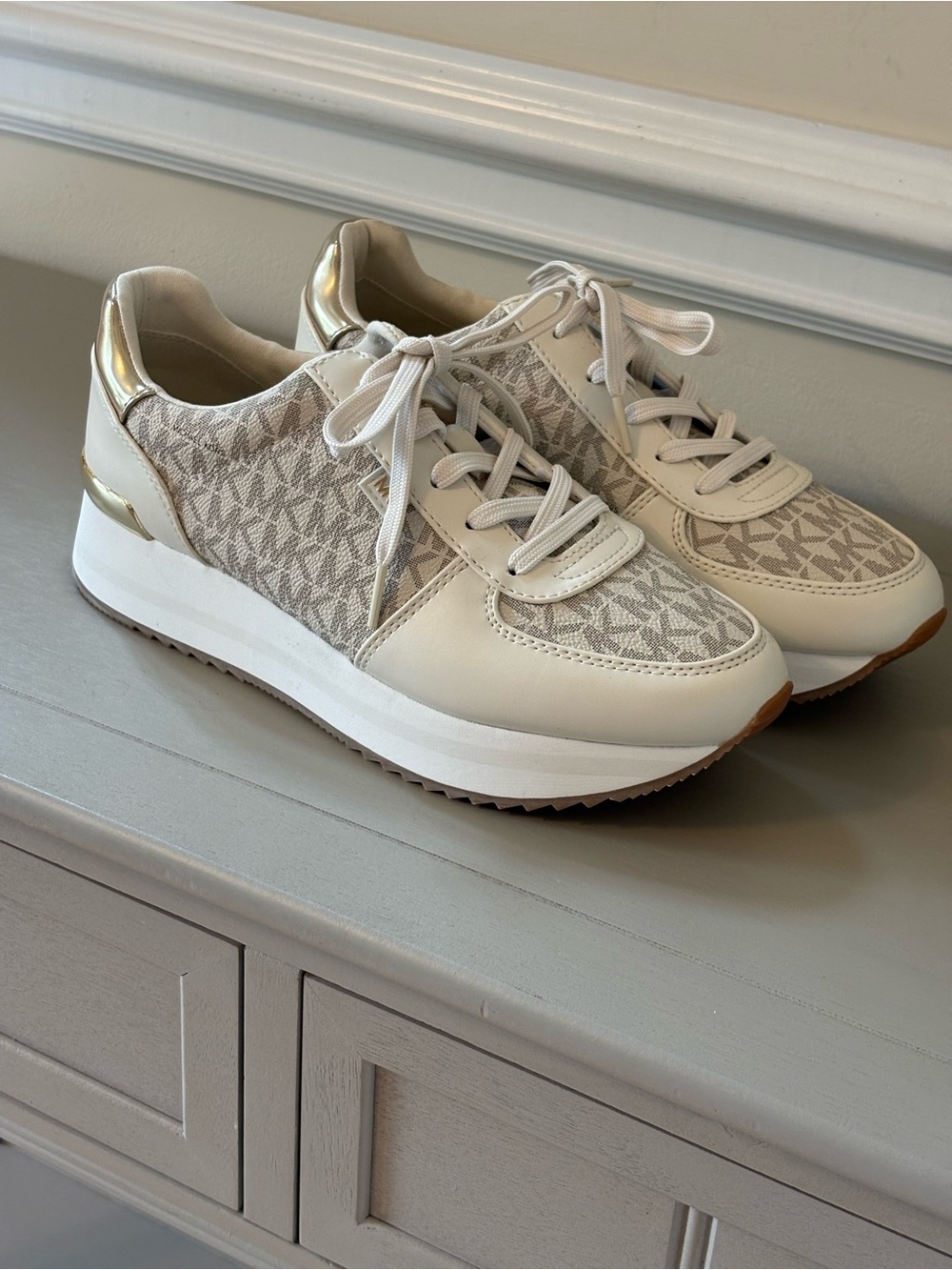 Michael Kors Cream and Gold Logo-Panel Platform Sneakers